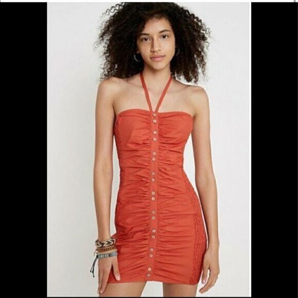 FREE PEOPLE HOLD ON MINIDRESS SIZE Medium RED RUST HALTER TOP RUCHED - Picture 1 of 16